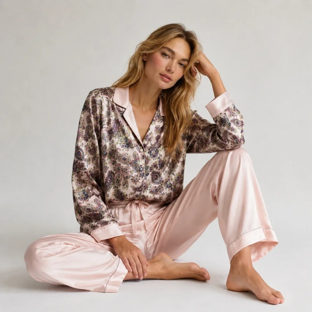 Cacique Vintage‎ Pajama Set Womens Small Pink Satin Floral Paisley Pearl Button